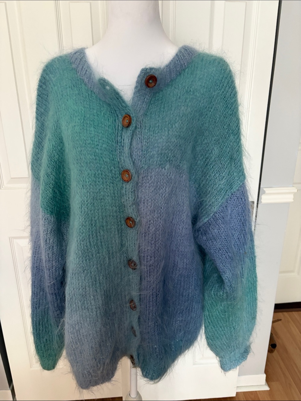 Gradient Blue-Green Mohair Blend Button Cardigan